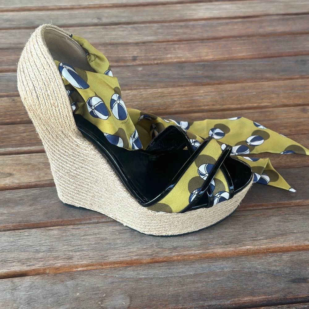 Gucci Multicolor Printed Silk and Jute Scarf Ankle Wrap Wedge Sandals